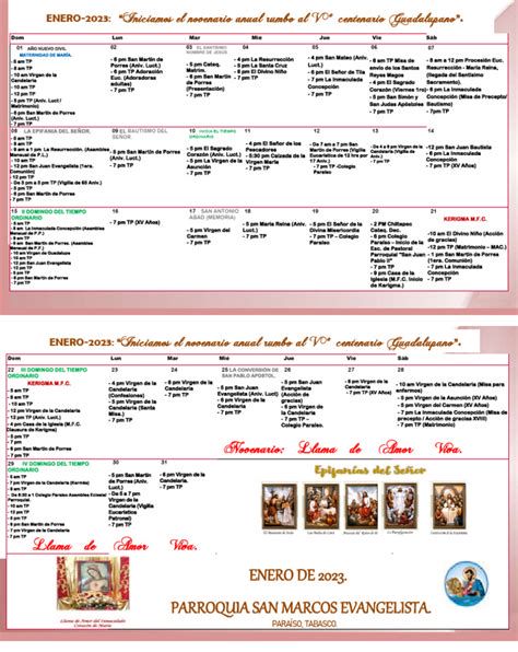Calendario de misas y actividades parroquiales