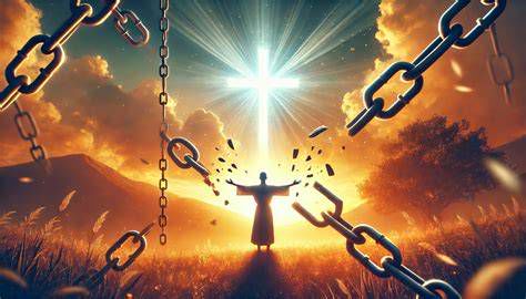 Ilustración de libertad en Cristo: Luz irradiando hacia una persona con cadenas rotas