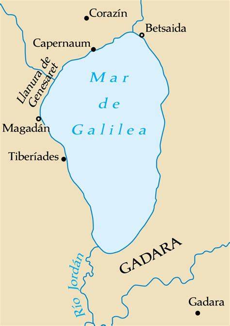 Mapa del lago Tiberíades (Mar de Galilea) y localidades mencionadas en los evangelios