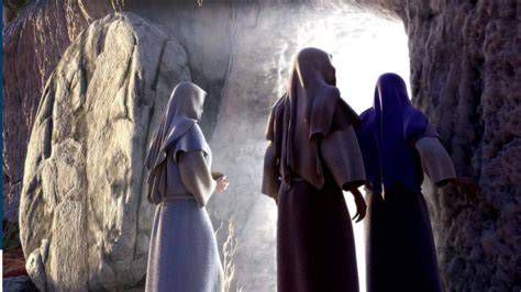 La tumba vacía y mujeres en la mañana de Pascua