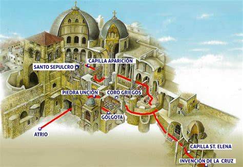 Mapa esquemático del Calvario y el Santo Sepulcro en Jerusalén