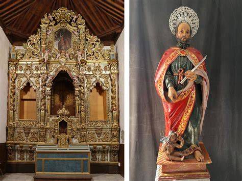 Detalle artístico: imagen de San Bartolomé de Luján Pérez y esquema del retablo del Calvario