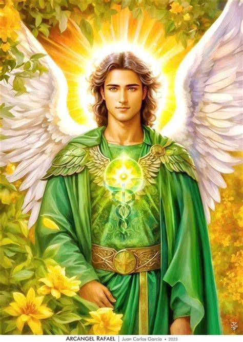 imagen del arcángel Rafael representado con vestimenta verde y un pez