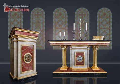 Interior de una iglesia con altar, ambón y pila bautismal