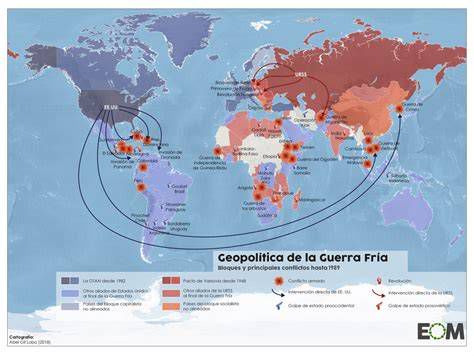 Mapa mundial mostrando zonas de influencia de EE.UU. y URSS durante la Guerra Fría y localización de conflictos como Vietnam