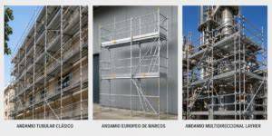 Esquema comparativo de andamios: tubular, europeo, multidireccional, colgante