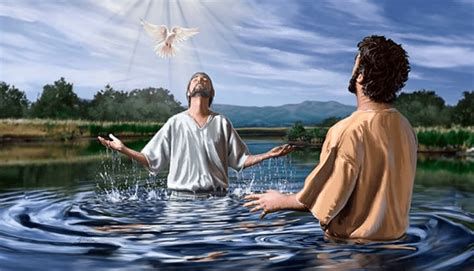 Representación del bautismo de Jesús por Juan, con la paloma del Espíritu