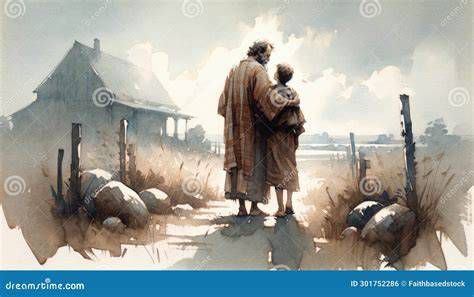 Ilustración artística del padre recibiendo al hijo pródigo