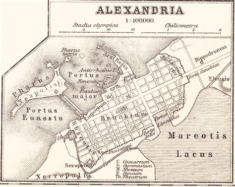 Mapa antiguo de Alejandría con Museo, Biblioteca y Serapeo