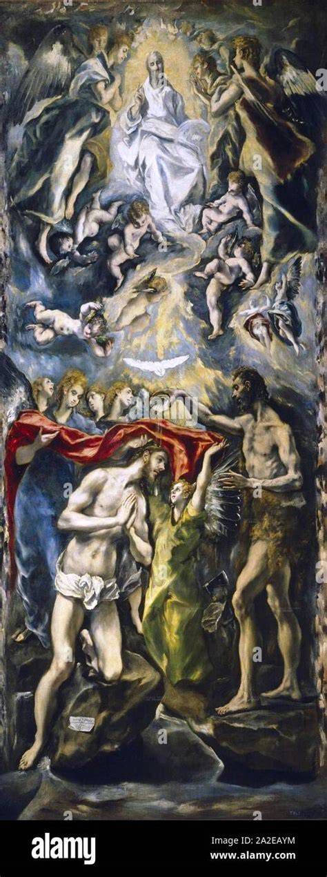 Composición del Bautismo de Cristo por El Greco - figuras principales y paloma descendente