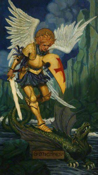 Iconografía de San Miguel venciendo al dragón con espada y balanza