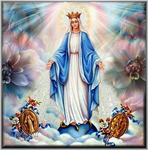 Virgen de la Medalla Milagrosa sosteniendo el globo y rayos de luz