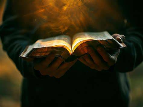 Manos en oración con Biblia abierta iluminada