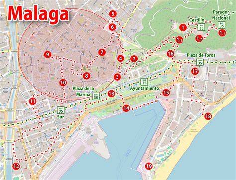 Mapa histórico de Málaga con ubicación de la Plaza Mayor y El Palo