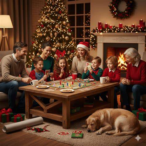 Familia jugando a juegos navideños en casa alrededor del árbol