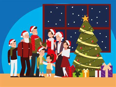 Familia unida alrededor del árbol de Navidad celebrando juntos