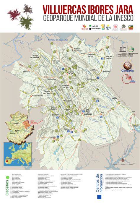 Mapa del Geoparque Villuercas-Ibores-Jara con la ubicación de Guadalupe