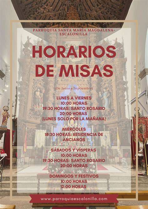 Infografía comparativa de horarios de misa de invierno y verano por día de la semana