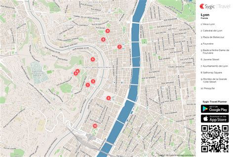 Mapa turístico de Lyon con ríos Ródano y Saona
