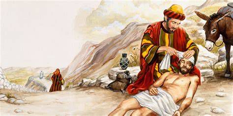 Ilustración: el samaritano vendando las heridas con aceite y vino