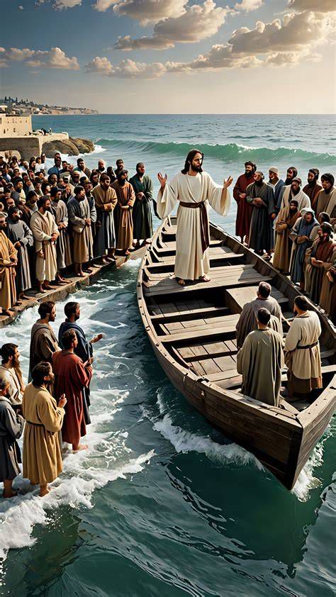 Jesús predicando a la multitud junto al mar de Galilea