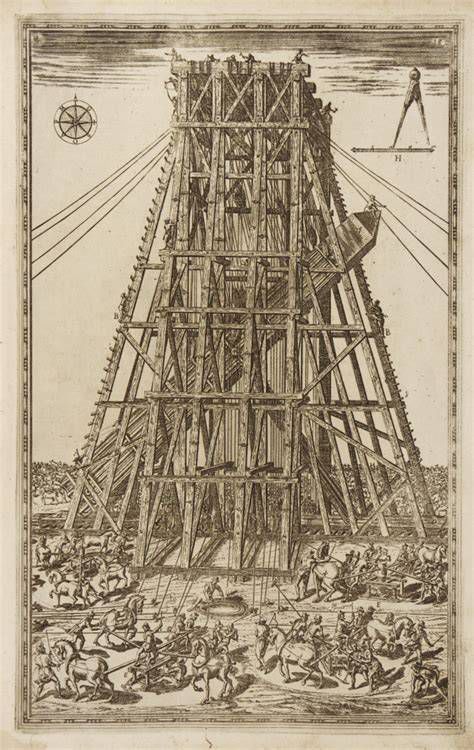 Grabado de la máquina de Domenico Fontana para izar el obelisco