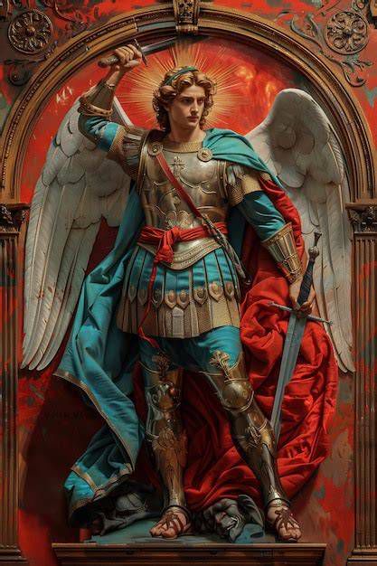 Representación barroca de San Miguel Arcángel con armadura y espada