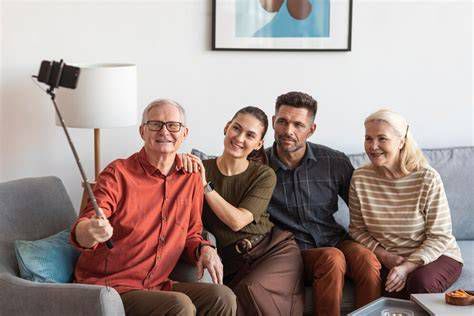 Familia acompañando y realizando actividades con adultos mayores