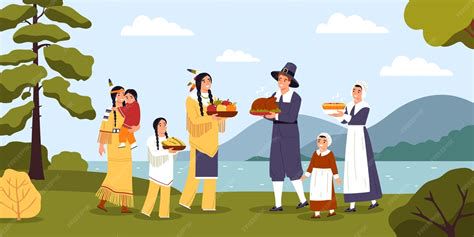 Ilustración representando a peregrinos y nativos compartiendo la primera cena de Acción de Gracias en 1621