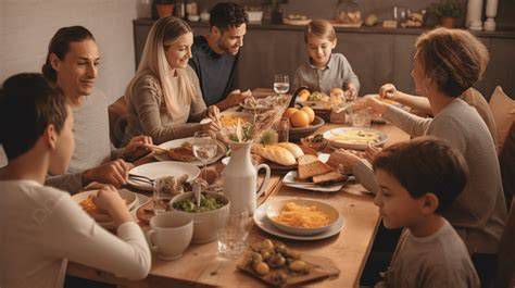 Familia reunida alrededor de la mesa compartiendo la cena de Acción de Gracias