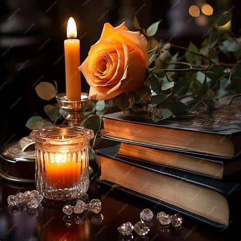 Vela amarilla encendida junto a incienso y libro espiritual