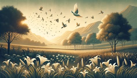 Ilustración de aves y lirios en el campo para representar la providencia divina