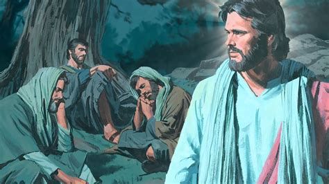 Huerto de Getsemaní bajo la luna: Jesús orando y los tres apóstoles dormidos