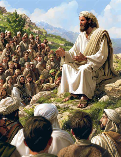 Ilustración: escena bíblica estilizada - Jesús enseñando a la multitud