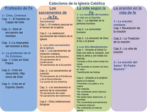 Infografía sobre la estructura del Catecismo: Partes, Secciones y Numeración