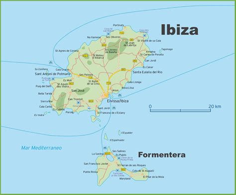 Mapa con rutas populares de buceo en Ibiza y Formentera