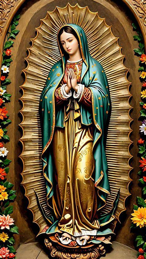 Imagen clásica de la Virgen de Guadalupe con halo y estrellas