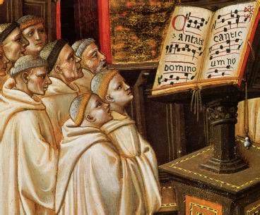 imagen coro de monjes cantando en abadía