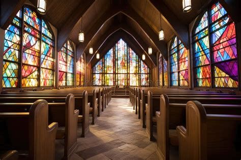 Interior de la capilla con vidrieras y cerámica