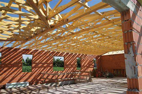 detalle tejado con franjas transparentes y cerchas de madera