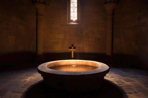 haz de luz cenital iluminando altar y pila bautismal
