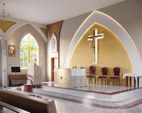interior de iglesia con asamblea y presbiterio en medio círculo alrededor del altar