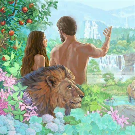 Ilustración del Jardín de Edén con Adán y Eva