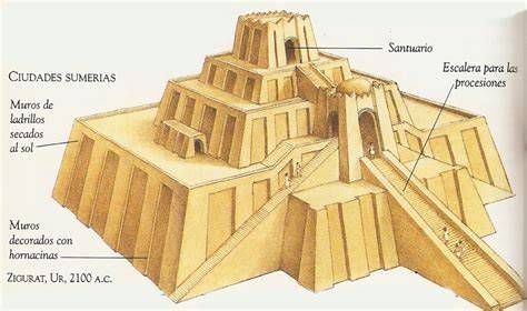 zigurat mesopotámico en ruinas / infografía de escalones y templo en la cima
