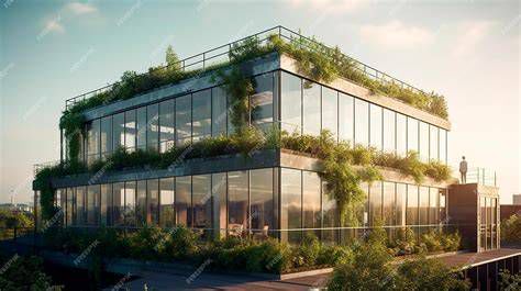 edificio contemporáneo sostenible con fachada de vidrio y vegetación