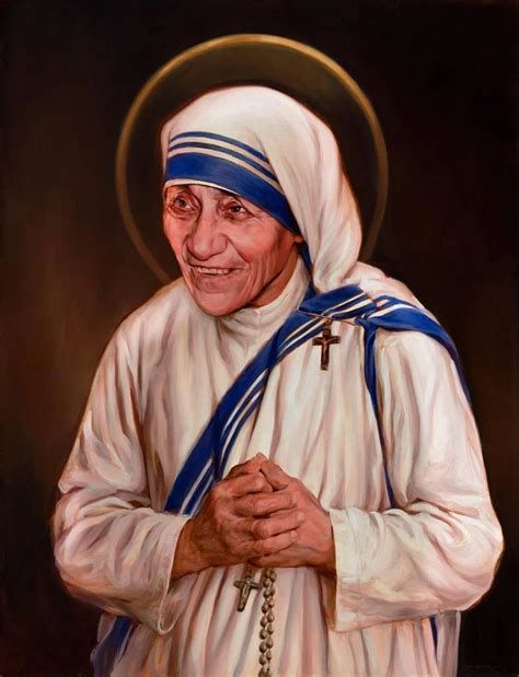 Retrato de la Madre Teresa y su sari blanco con ribete azul