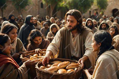 Jesús alimentando a la multitud con panes y peces