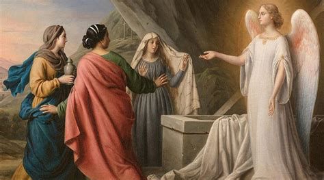 sepulcro vacío y ángel anunciando la resurrección