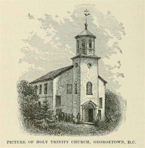 Historic facade of Holy Trinity Church in Georgetown and early Georgetown streetscape