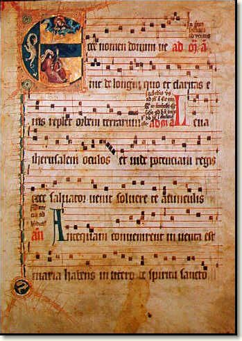 Manuscrito medieval de canto gregoriano con neumas